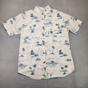 Salty Crew Button Up Shirt Mens L Short Sleeve Palm Trees Fishing Boats Hawaiian